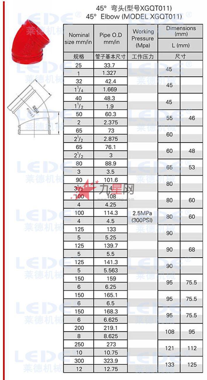 莱德沟槽式45度弯头de219